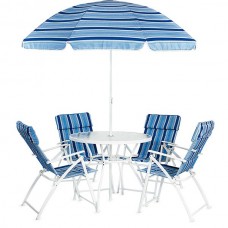 Set Terraza con Sombrilla, Mesa+4 sillas en Azul-Blanco